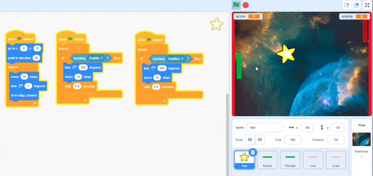 scratch code block example for pong game